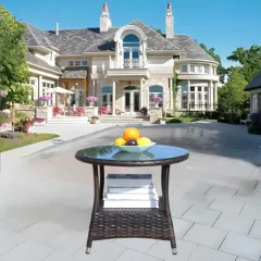 Outdoor Patio Furniture 1 Round Coffee Table With Clear Tempered Glass - Brown - View 1
