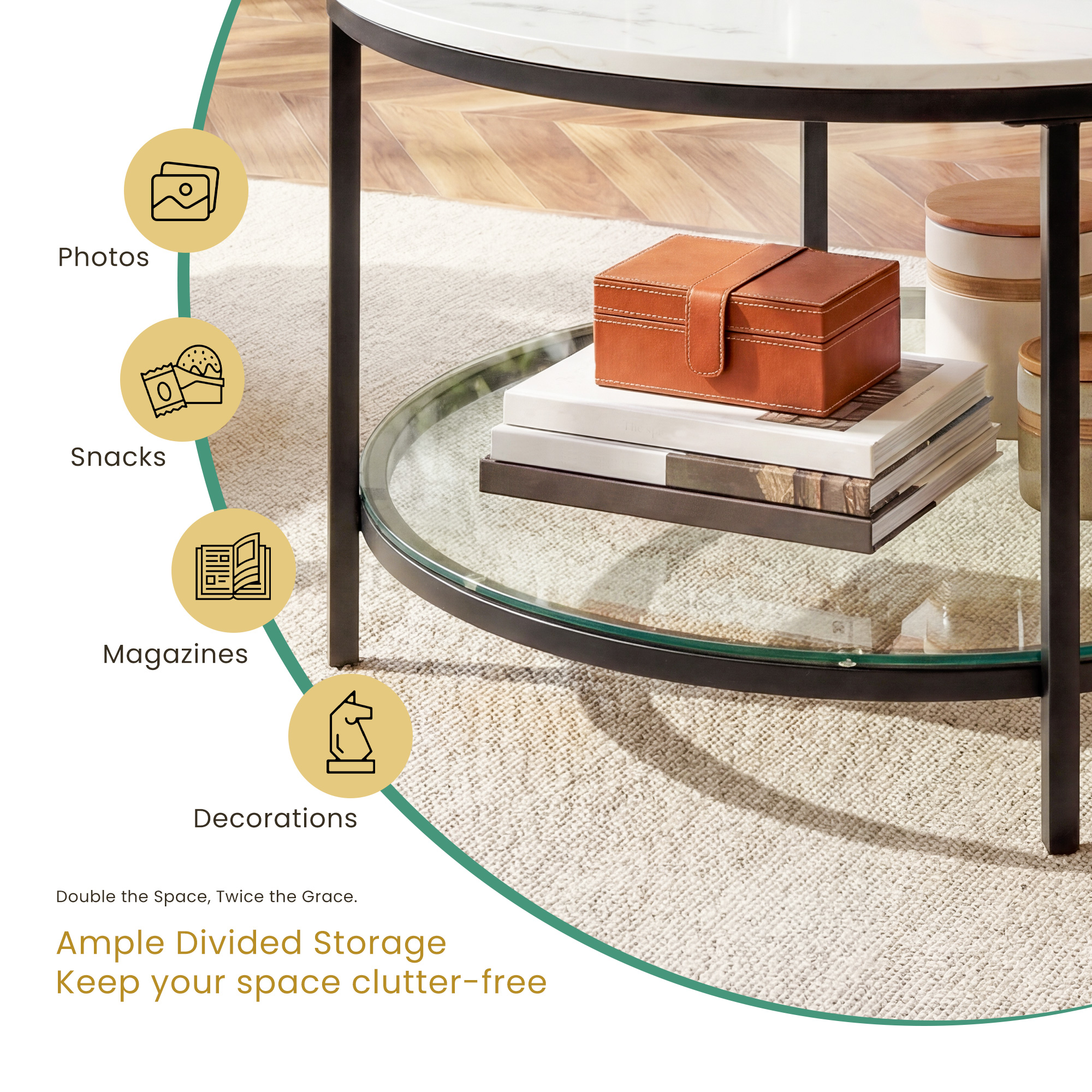 The Living Room Features A Marble Circular Glass Coffee Table, And A Double-layer Circular Transparent Coffee Table With Storage Function.