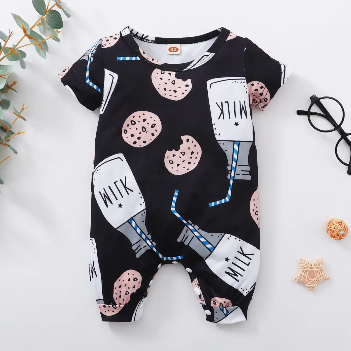 European And American Milk Bottle Printed Short-sleeved One-piece Romper