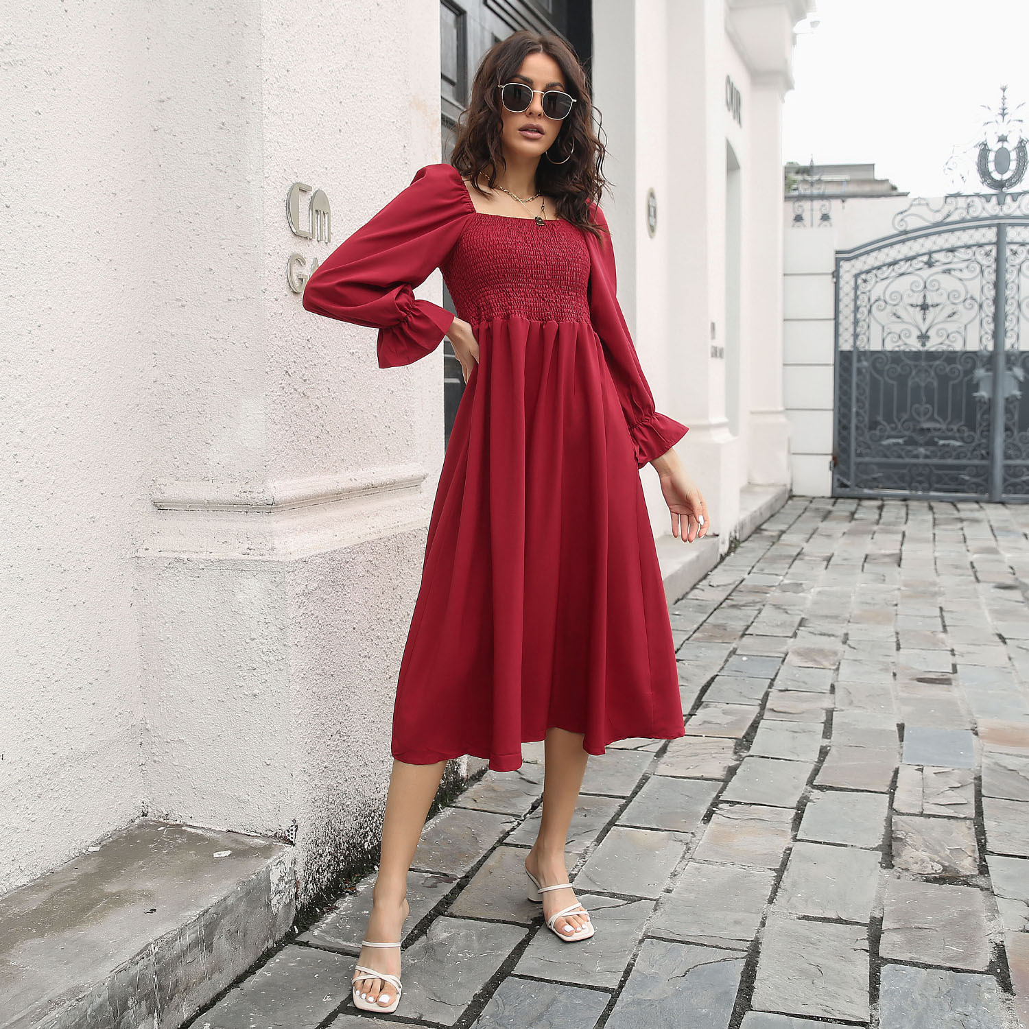 Flared Sleeve T Neck Long Sleeve Pleated Dress Wine Red - Shop at LoveMi