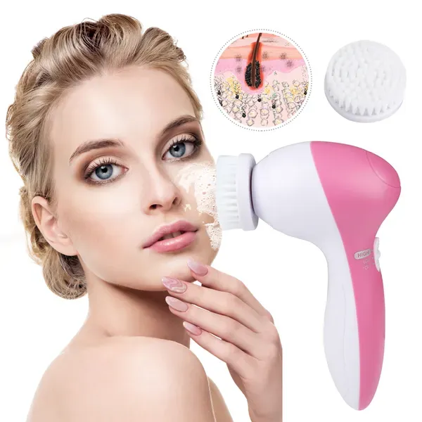 Waterproof Facial Cleansing Brush Face Spin Cleaning Brush Scrubber With 5 Brush Heads For Women - Pink