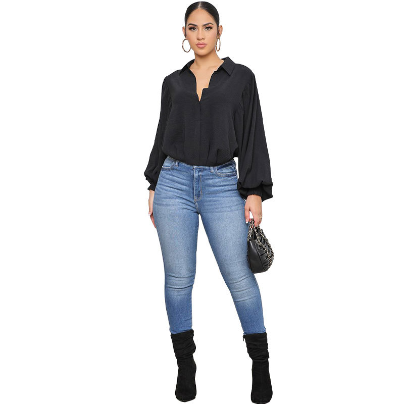 Lapel Black Fashion Long-sleeved Solid Color Shirt