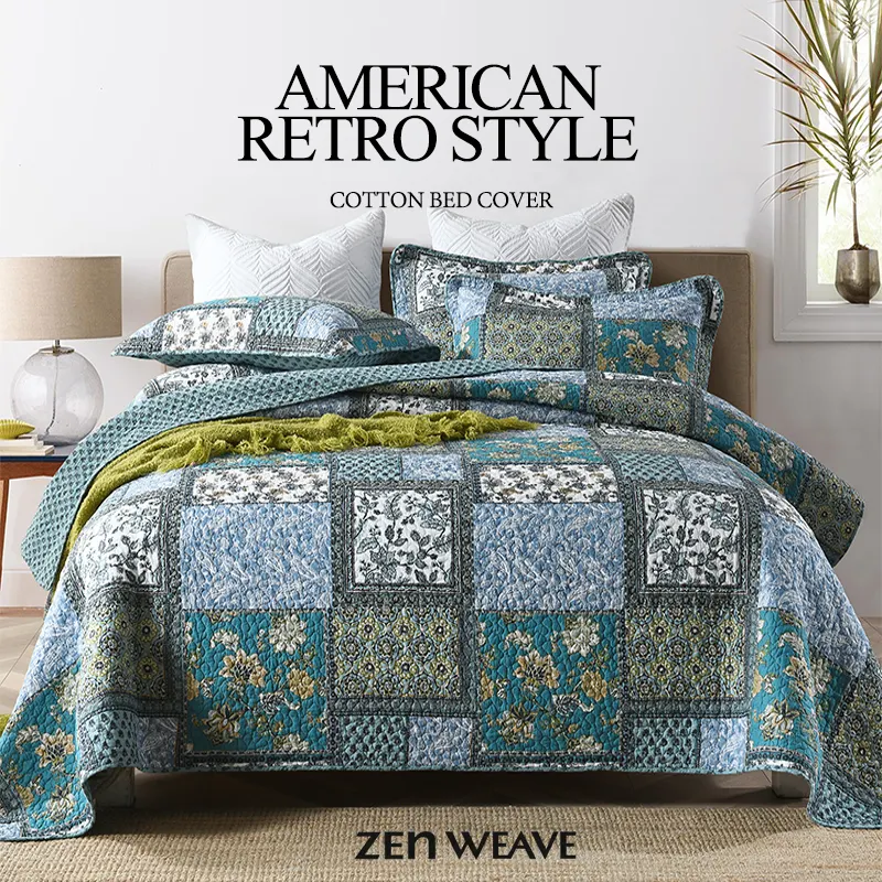 Cotton Reversible Quilt Bedspread Set Vintage Patchwork