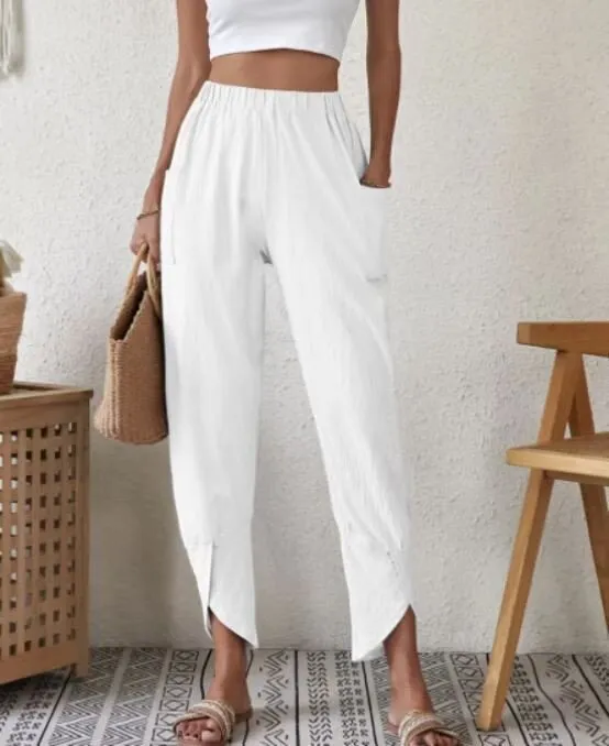 Women's Solid Color Casual Leggings Pants With Loose Pockets White - Shop at LoveMi