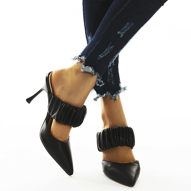 All match Pointed toe Stiletto High heeled Baotou Half Slippers Black - Shop at LoveMi