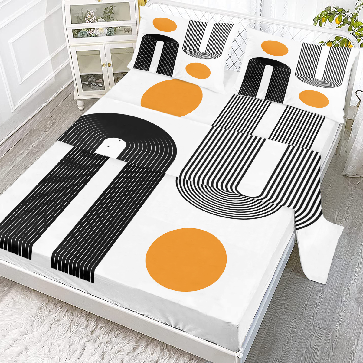 Modern Boho 4 Piece Flat Sheets Set, Abstract Minimalist Art Bed Set With 1 Fitted Sheet 1 Flat Sheet 2 Pillowcases, Black White