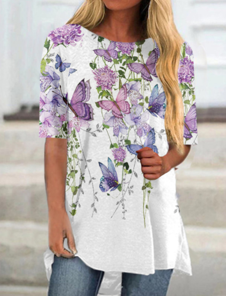 Loose Round Neck Butterfly Print Short-sleeved Women's T-shirt