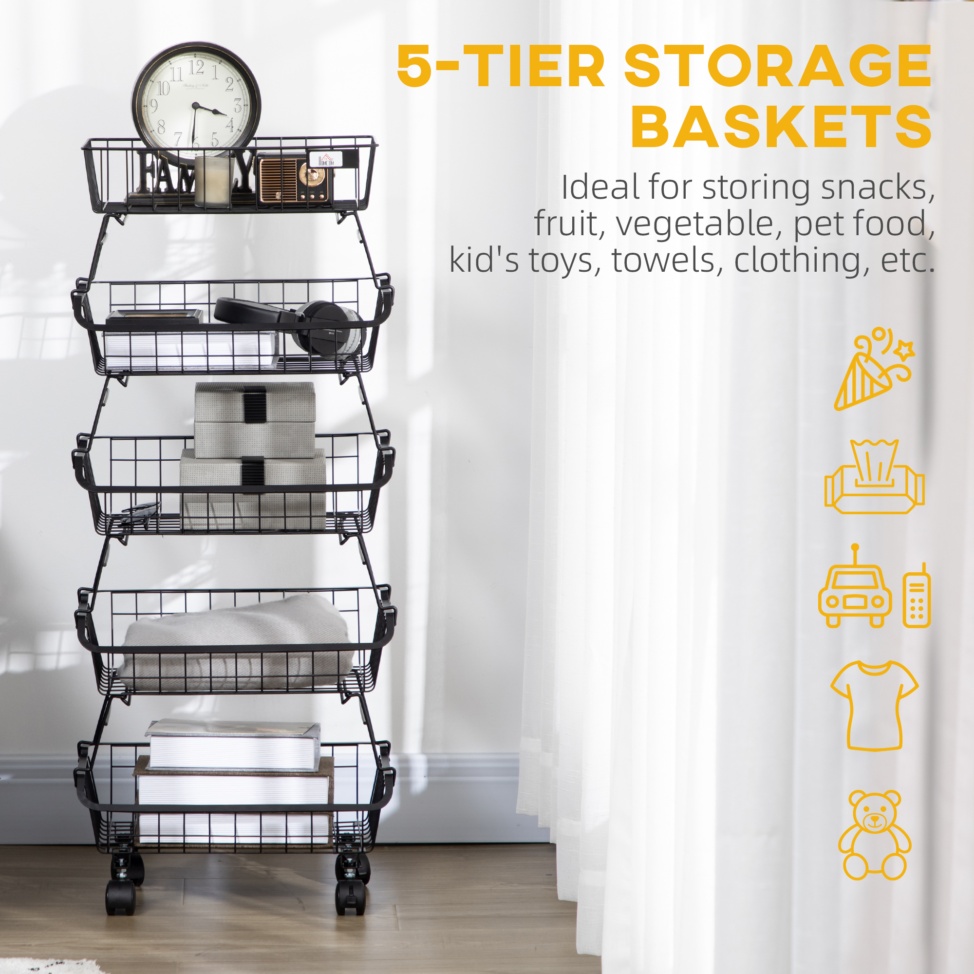 5 Tier Storage Trolley, Stackable Fruit Vegetable Cart For Kitchen, Living Room, 40 X 2 X 97 Cm, Black