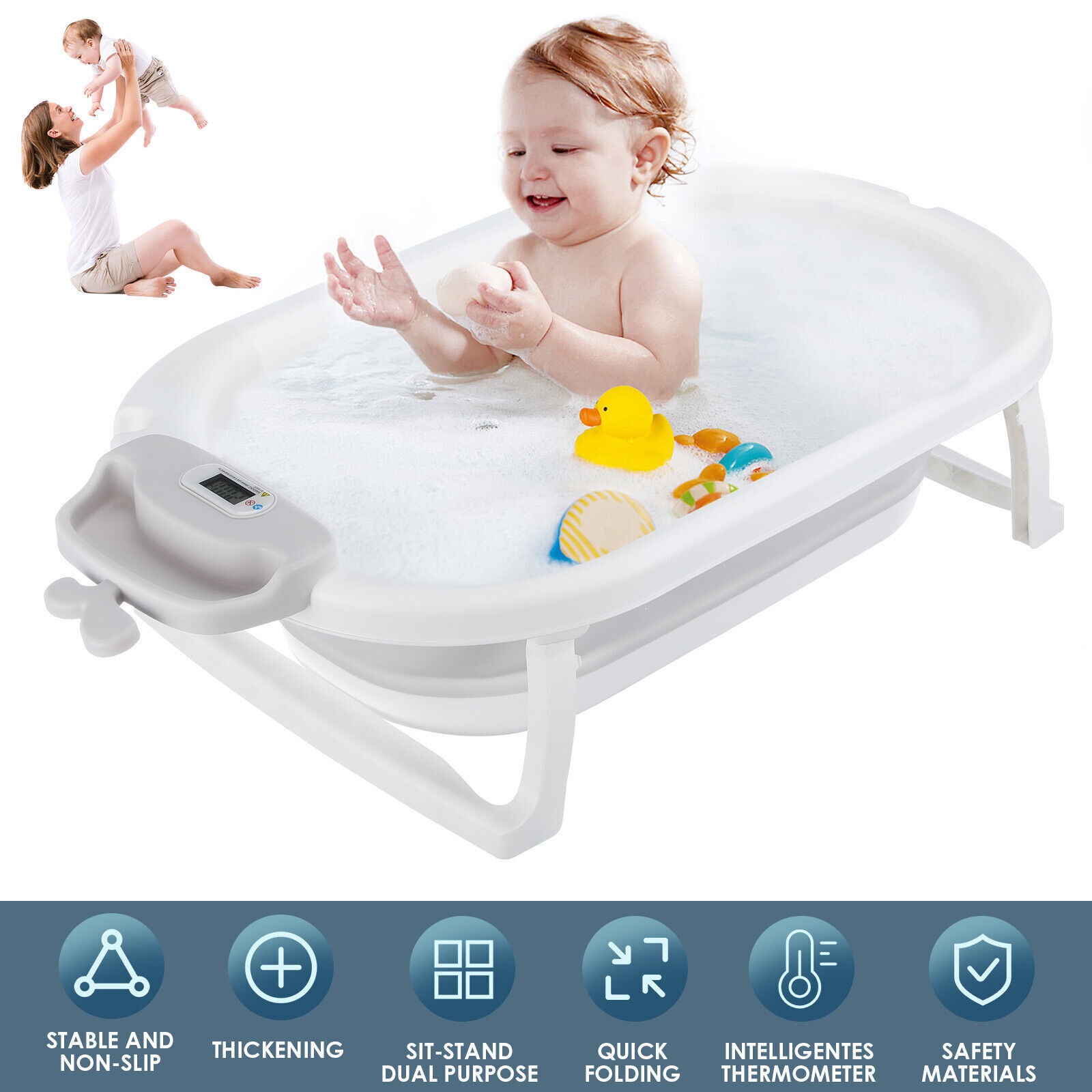 Foldable Baby Bath Tub Ergonomic With Temperature & Cushion Pad And Net — image 7