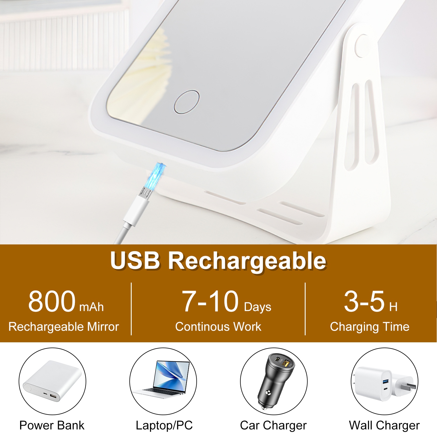 1Pc 10X Magnifying Lighted Makeup Mirror Double Sided Travel Makeup Mirror With 3 Light Colors Touch Screen USB Rechargeable 3