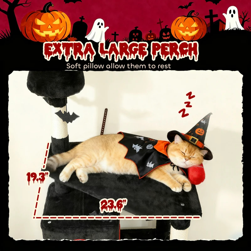 Gothic Cat Tree, Cat Tower With Coffin Bed, 2 Spacious Condos, Sisal Scratching Posts, Bat Hanging Balls, Halloween