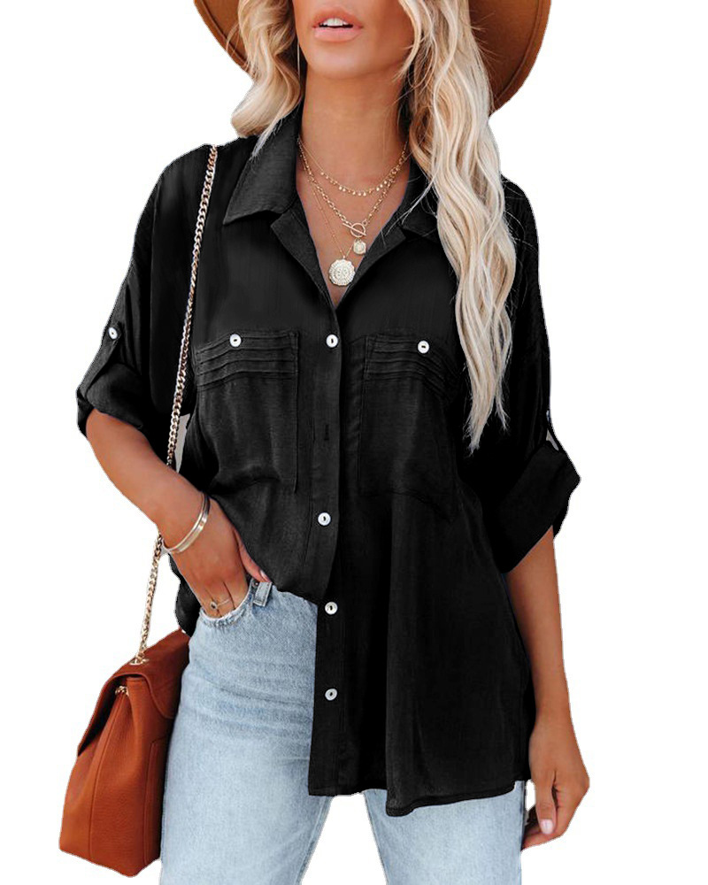 Solid Color Pocket Loose Long Sleeve Lace Shirt Top