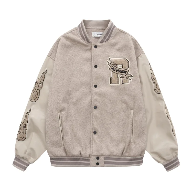 Vintage Flame Embroidered Jacket Jacket Baseball Uniform