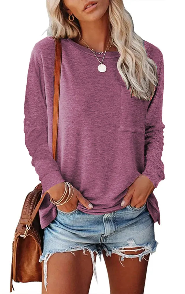 Pocket Split Long sleeved Casual Bottoming T shirt Fuchsia 2Xl - Shop at LoveMi