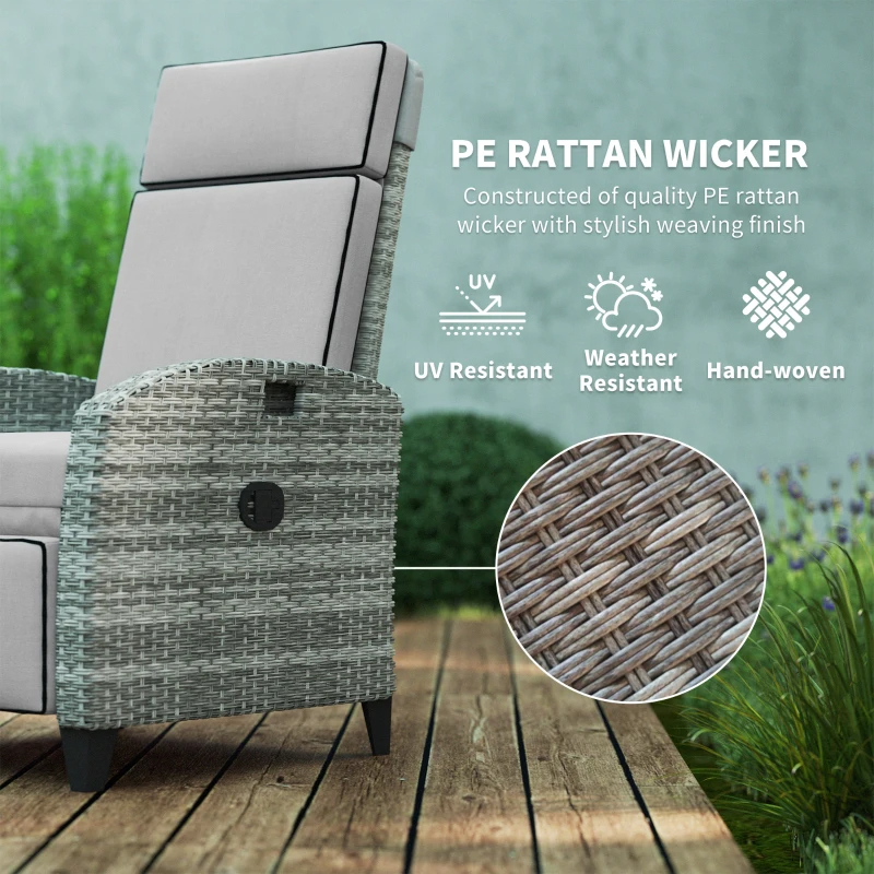 Outdoor Recliner Chair With Cushions, Reclining Patio Lounge Chair With Adjustable Footrest, Armrests, Tray Table, Gray