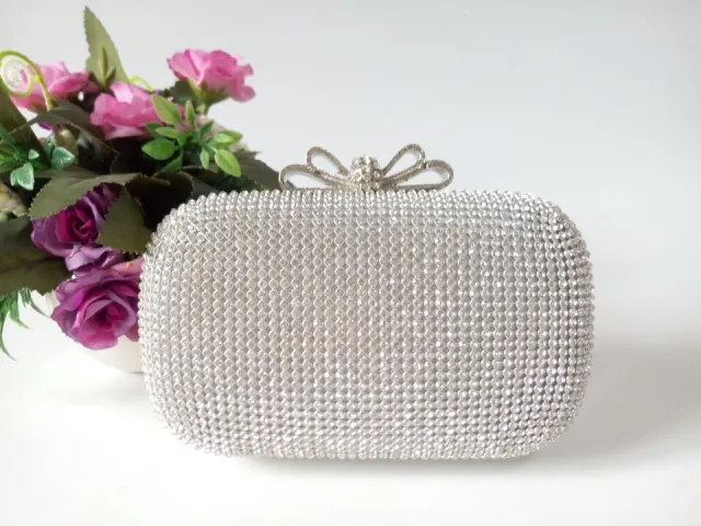 Ladies Diamond Chain Banquet Clutch Evening Rhinestone Bag Silver - Shop at LoveMi
