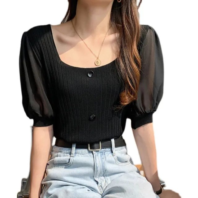 Sleeves Splicing Square Neck T Shirt Tops Fashion Short Sleeved Knitted Bottoming Shirt Black - Shop at LoveMi