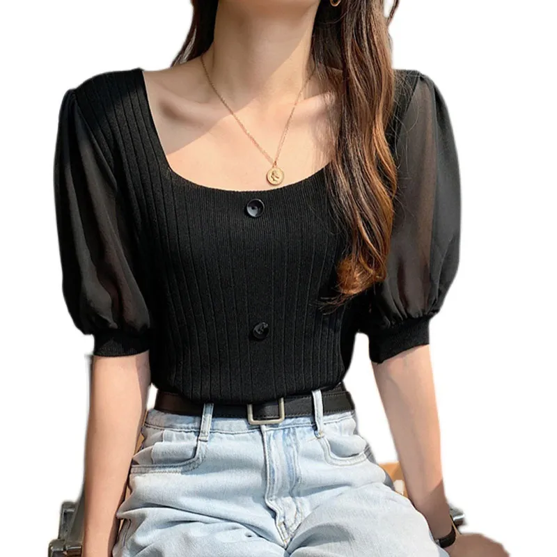 Sleeves Splicing Square Neck T-Shirt Tops Fashion Short-Sleeved Knitted Bottoming Shirt - Black