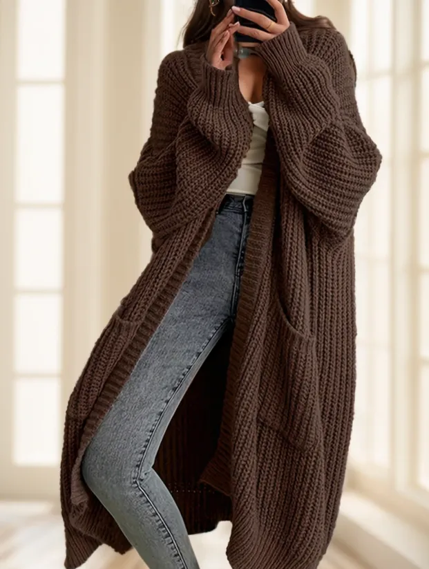 Solid Open Front Cardigan, Casual Long Sleeve Drop Shoulder Long Length Outwear Brown - Shop at LoveMi
