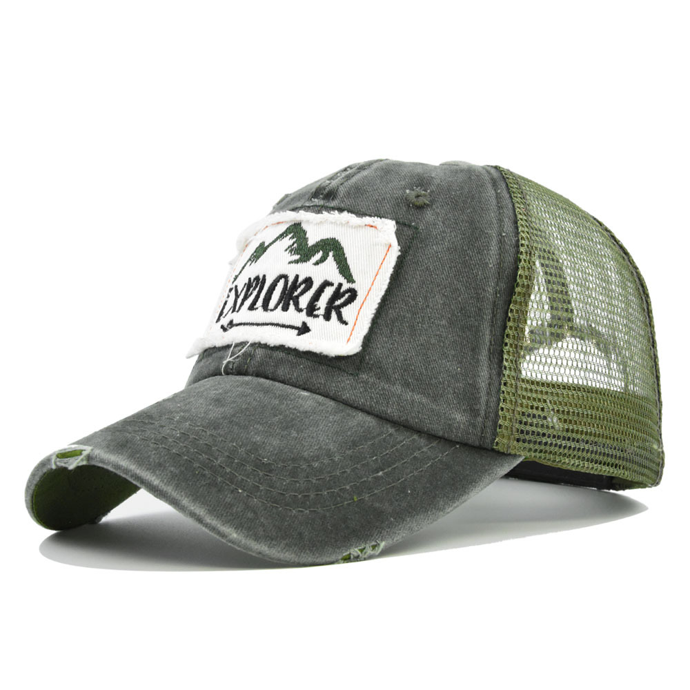 Distressed Embroidery Baseball Cap With Embroidered Mesh Curved Brim Sunhat