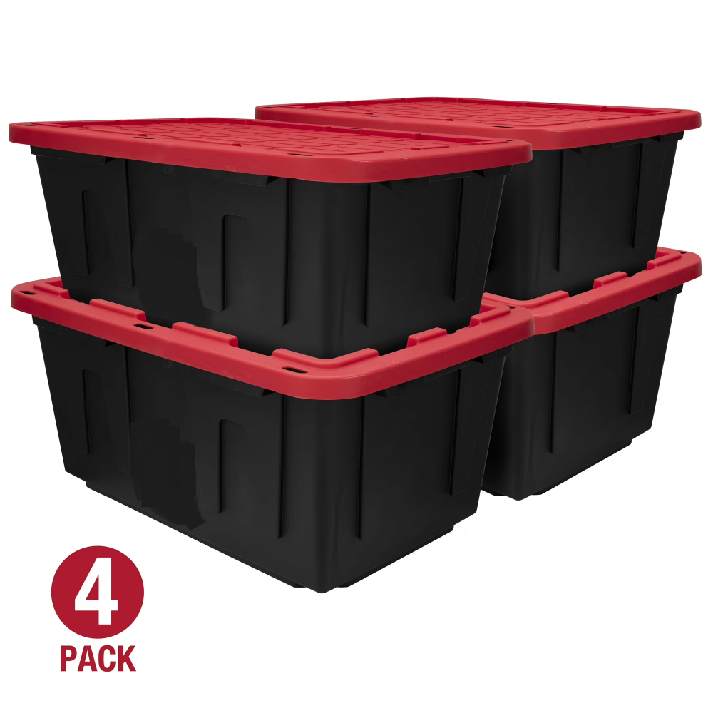 4 Pack 27 Gallon Large Storage Bin With Snap Lid, Black And Red, Heavy Duty Plastic Storage Container  Shipment From Walmart