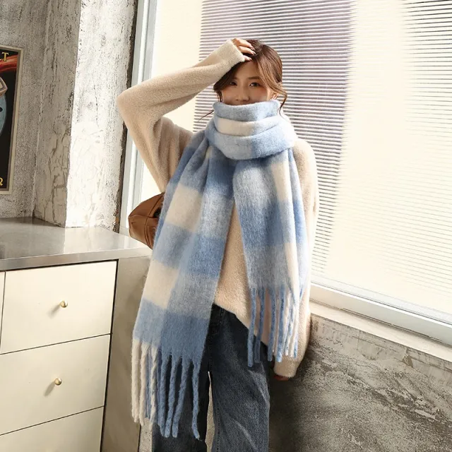 Warm Contrast Plaid Scarf With Big Fringe Blue And White Plaid - Shop at LoveMi