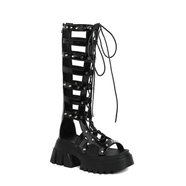 High heeled Slimming Personalized Rivet Knee high Trendy Boots Black - Shop at LoveMi