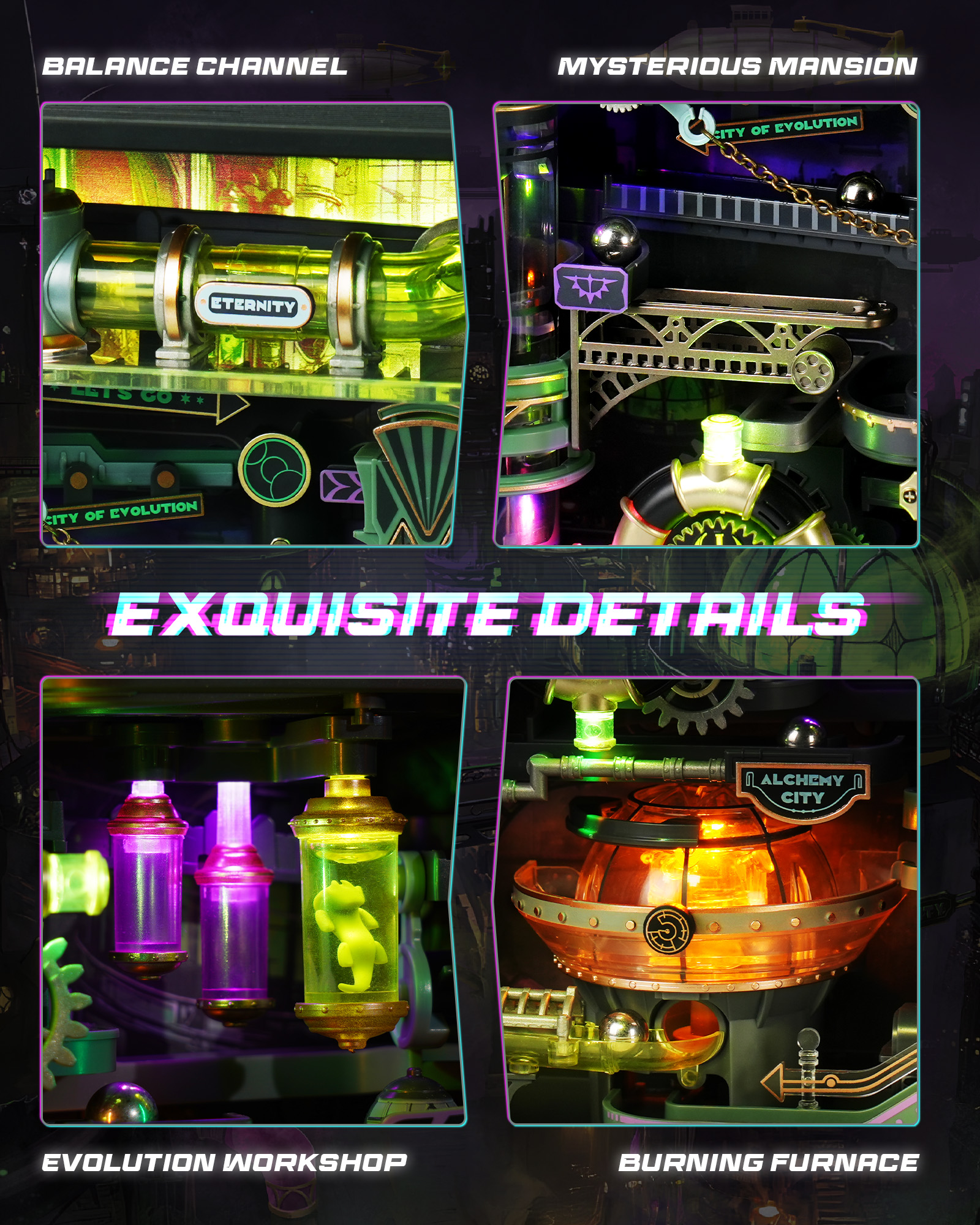 ROKR Parallel World Series - Alchemist's City Pinball Track Model MR04S - 3D Glowing Fantasy Track, Adult Cyberpunk Desktop Ornament, DIY Model Assembly Kit