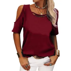 Fashion Casual Solid Colour Off The Shoulder Loose Short Sleeved T Shirt - Wine Red - View 1