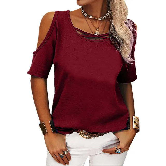 Fashion Casual Solid Color Off The Shoulder Loose Short Sleeved T Shirt Wine Red - Shop at LoveMi