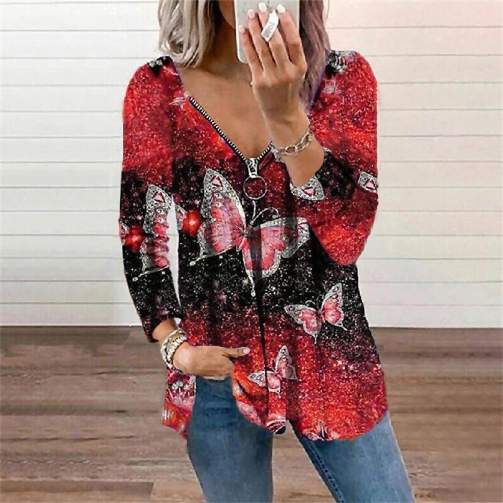 Title 4, Butterfly Print V Neck Long Sleeve Loose Casual...