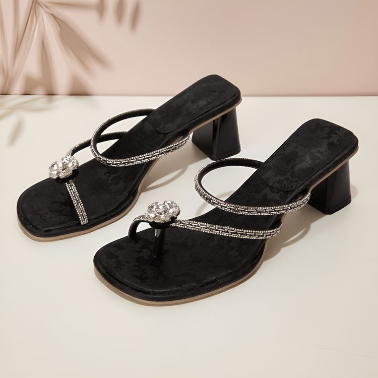 Exquisite Rhinestone Flower Slippers For Women's Summer Outdoor Wear, French...