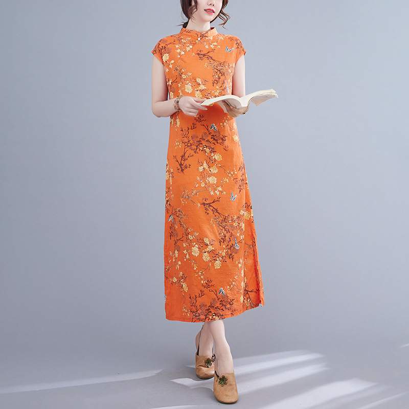 Artistic Retro Loose Cotton And Linen Printed Stand Collar Side Opening Short Sleeve Improved Dress