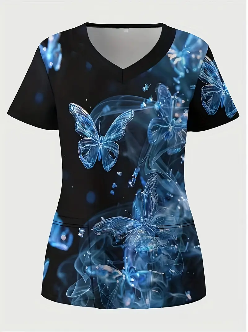 Plus Size Women's Vibrant Print Scrub Top Casual V-Neck Short Sleeve