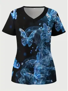 Plus Size Women's Vibrant Print Scrub Top Casual V-Neck Short Sleeve - Multicolour - View 1