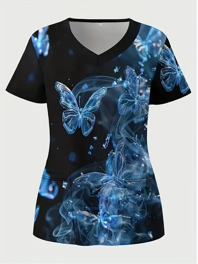 Plus Size Women's Vibrant Print Scrub Top Casual V-Neck Short Sleeve