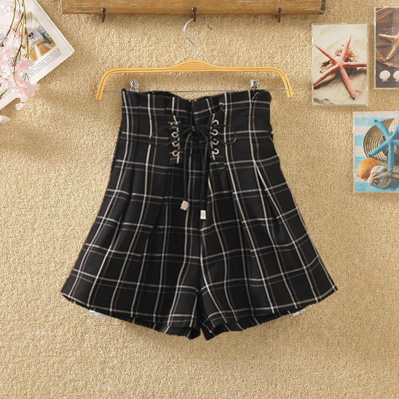 Strap Elastic Waist Casual Shorts Large Size Loose High Waist Black Plaid - Shop at LoveMi
