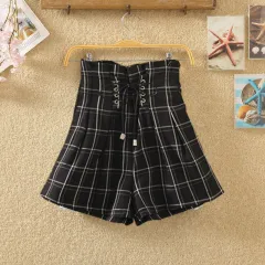 Strap Elastic Waist Casual Shorts Large Size Loose High Waist - Black Plaid - View 1
