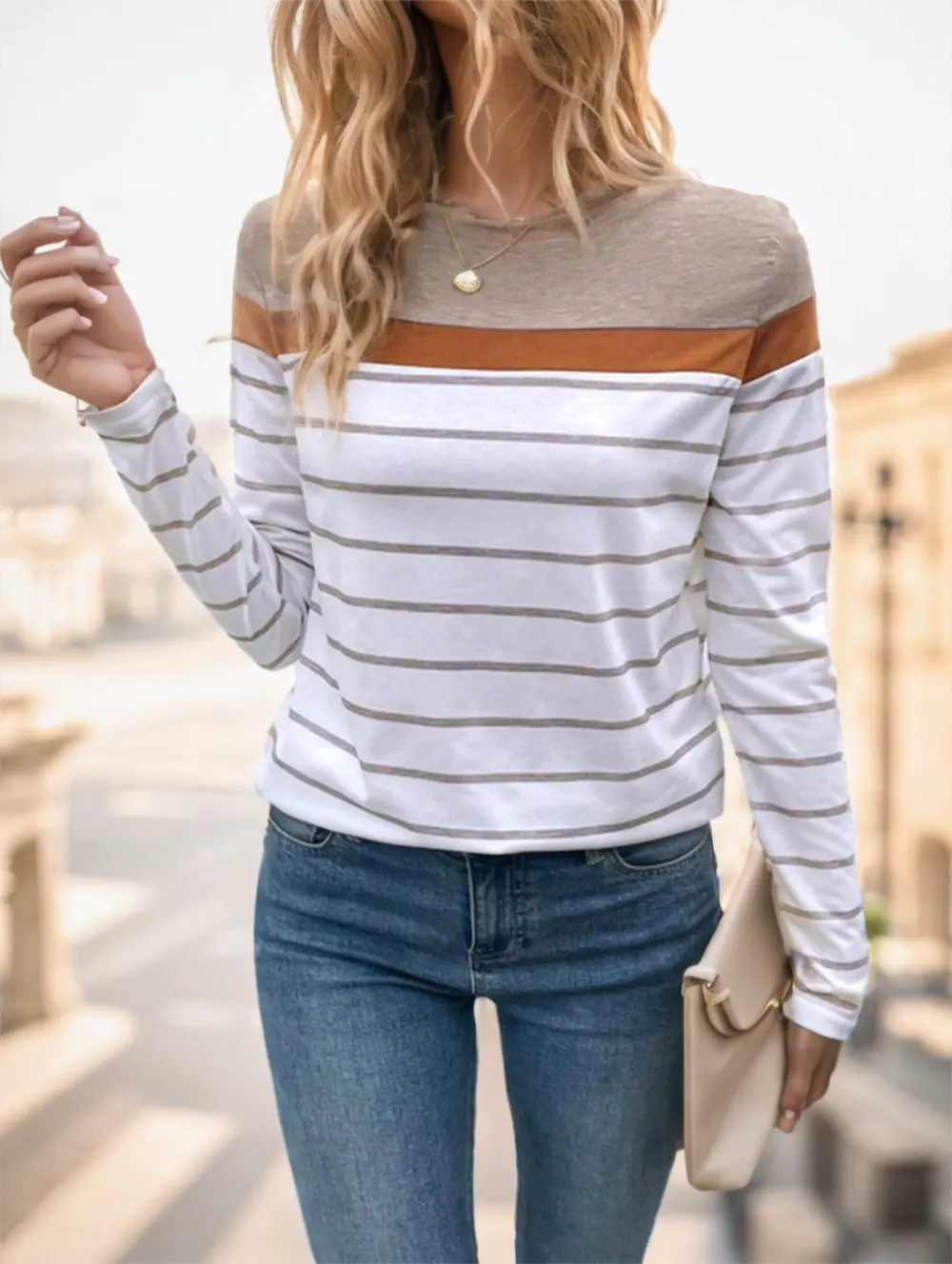 Women's Round Neck Striped Long Sleeve T-Shirt