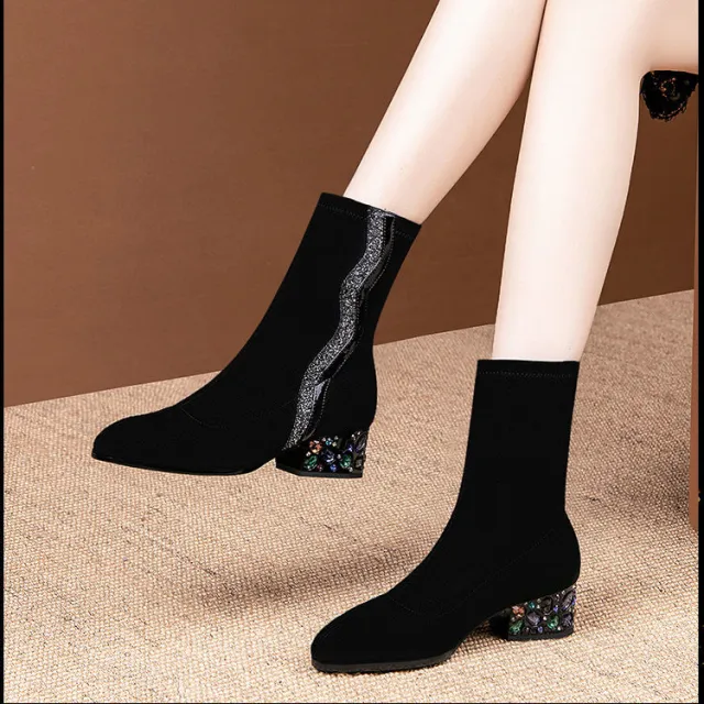 Women's Rhinestone Pointed Toe And Velvet High heeled Ankle Boots 4Style 40 - Shop at LoveMi
