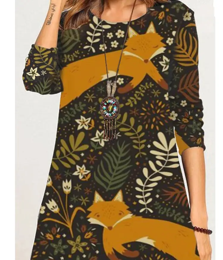 Women's Christmas Positioning Printing Long-sleeved Round Neck Dress