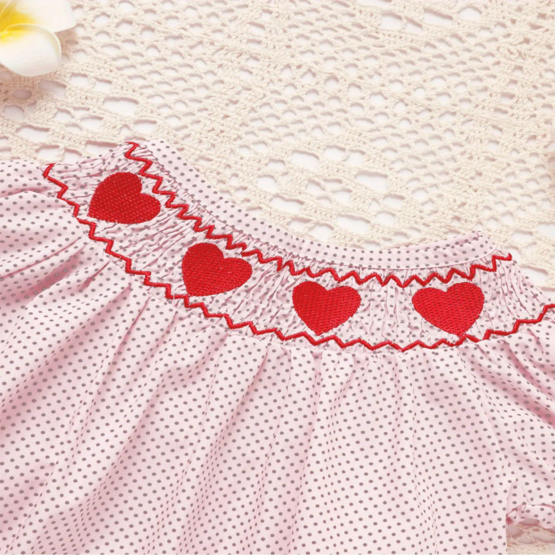 Baby Girl's Short Sleeve Pink Romper, Polka Dot Pattern With Heart Embroidery And Ruffle Detail