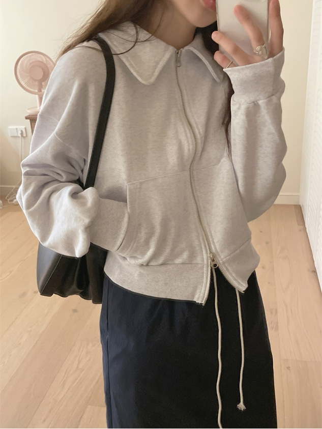 Korean Style Loose Short Double Zipper Niche Gray Collar Sweater Jacket Women