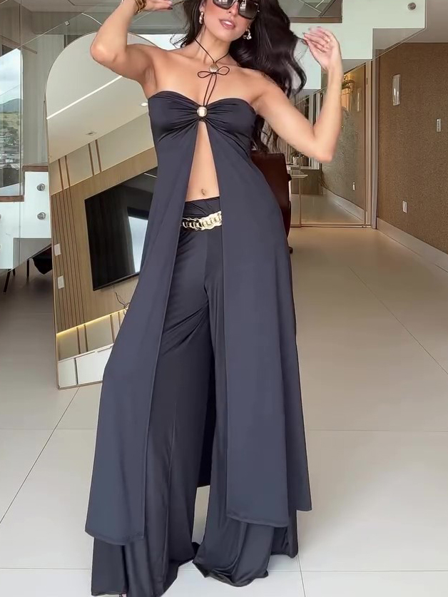Black Tube Top Long Top & Wide Leg Pants Set