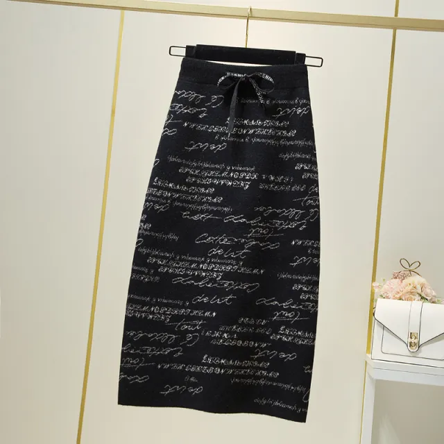 Letter Knit High Waist Drawstring Hip Skirt Black - Shop at LoveMi