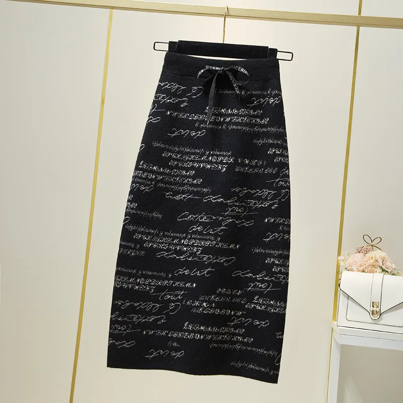 Letter Knit High Waist Drawstring Hip Skirt - Black