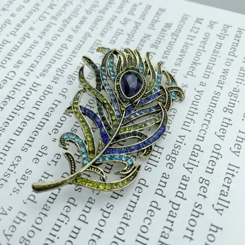 Crystal Peacock Feathers Brooch Boho Enamel Pins Deep Blue