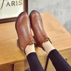 Simple Thick Heel Mid-heel Martin Boots Female Round Toe Fashion British Short Boots Women - Brown - View 1