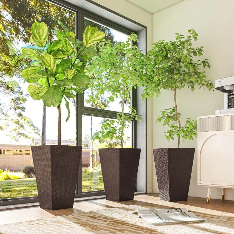 Set Of 3 Tall Planters With Drainage Hole, 24 Outdoor Flower Plant Pots, Indoor Planters For Porch, Front Door, Entryway, Patio And Deck, Brown