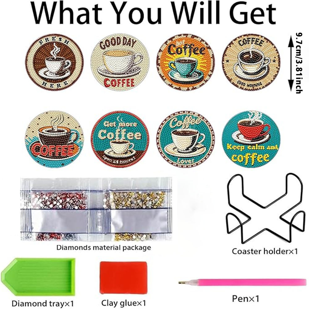 Diamond Art Drawing Coaster With Bracket, DIY Coffee Pattern Diamond Art Coaster, Suitable For Adults And Beginners Diamond Drawing Kit, Diamond Kit Craft Supplies, Exquisite Gifts For Friend